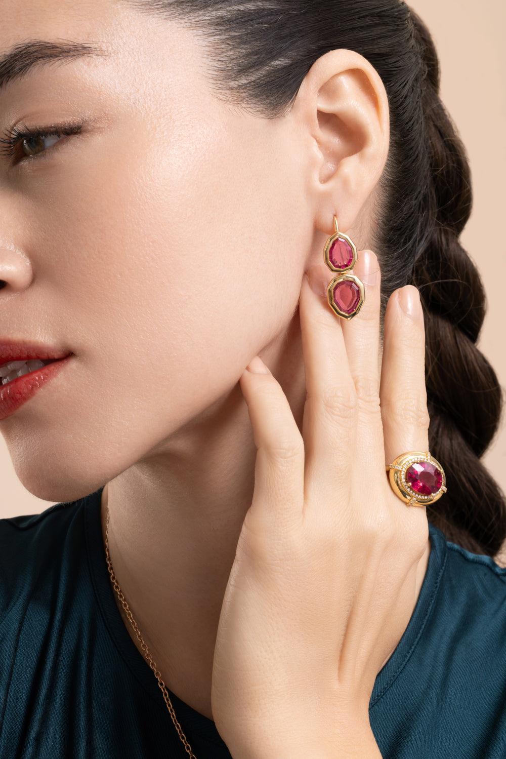 Rubellite G-One Two Tier Earrings-YELLOW GOLD-JEWELRYFINE JEWELEARRING-GOSHWARA
