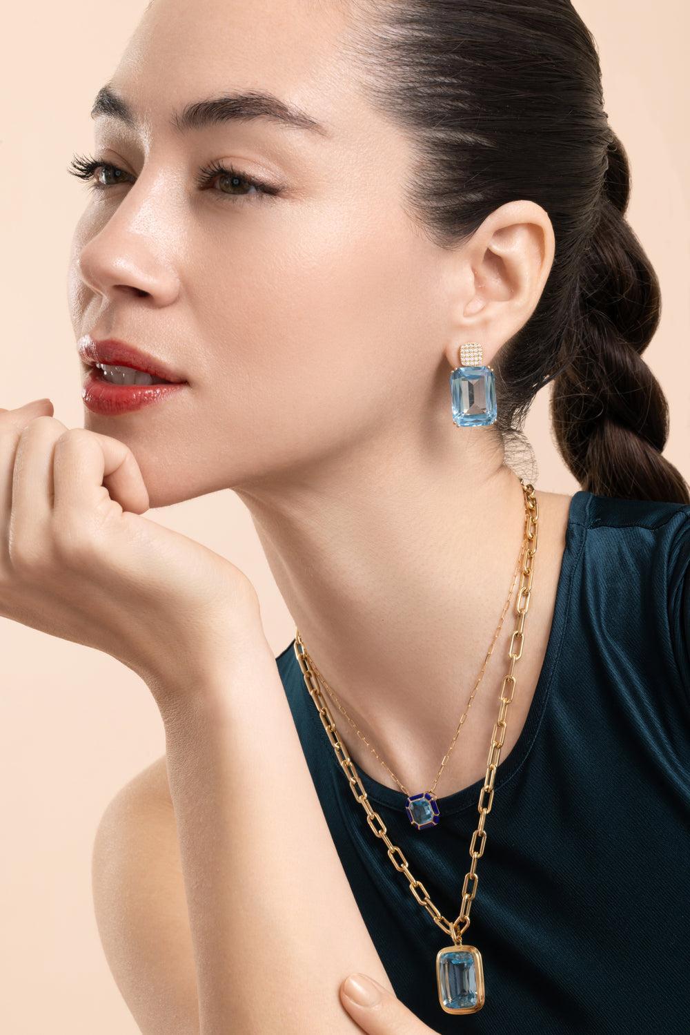 Blue Topaz Cushion Gossip Earrings-YELLOW GOLD-JEWELRYFINE JEWELEARRING-GOSHWARA