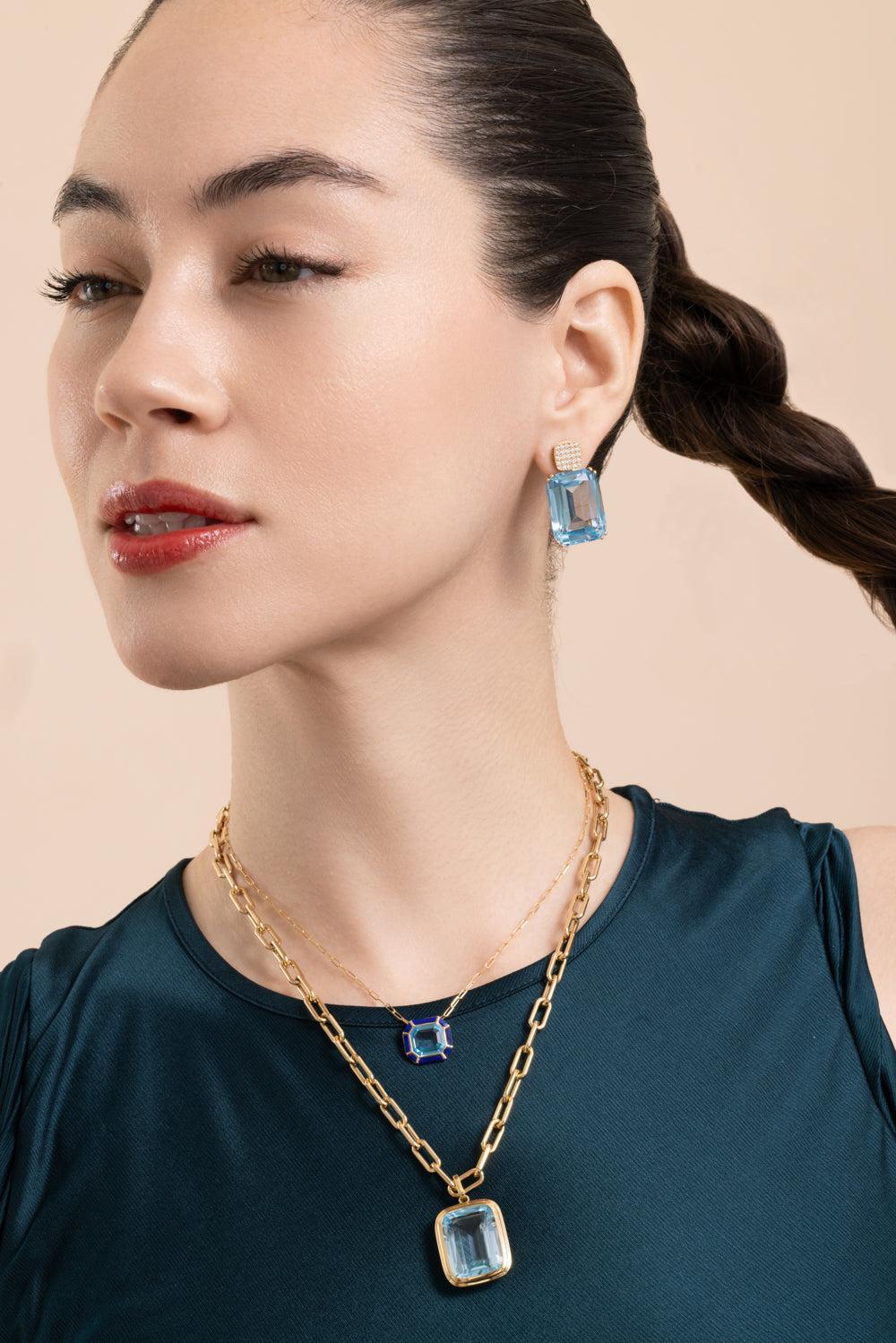 Blue Topaz Cushion Gossip Earrings-YELLOW GOLD-JEWELRYFINE JEWELEARRING-GOSHWARA