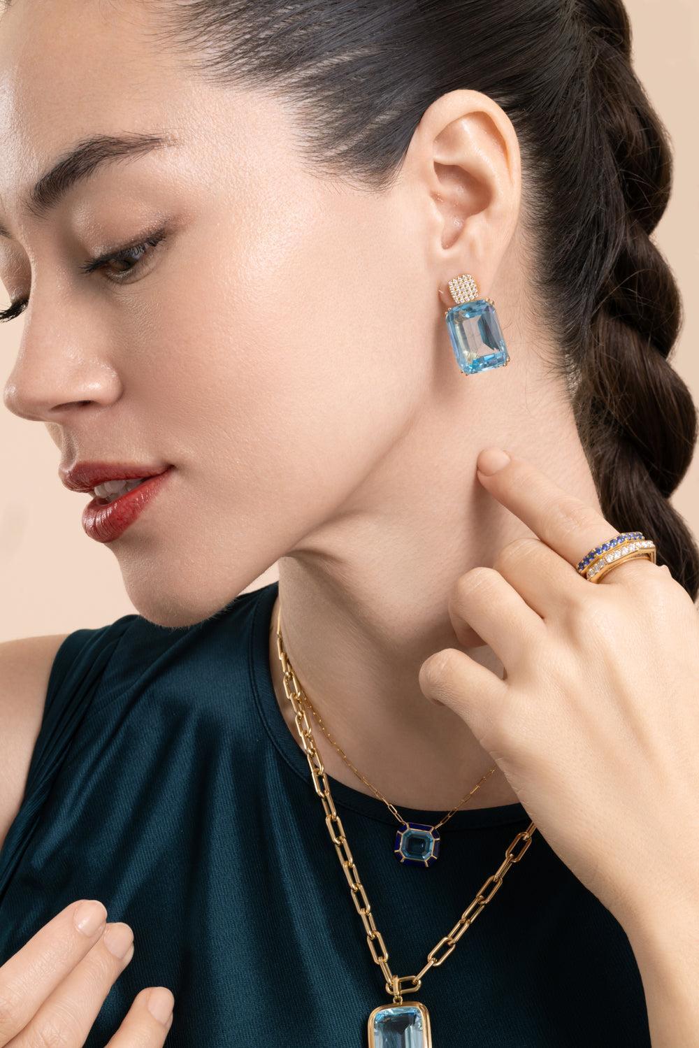 Blue Topaz Cushion Gossip Earrings-YELLOW GOLD-JEWELRYFINE JEWELEARRING-GOSHWARA