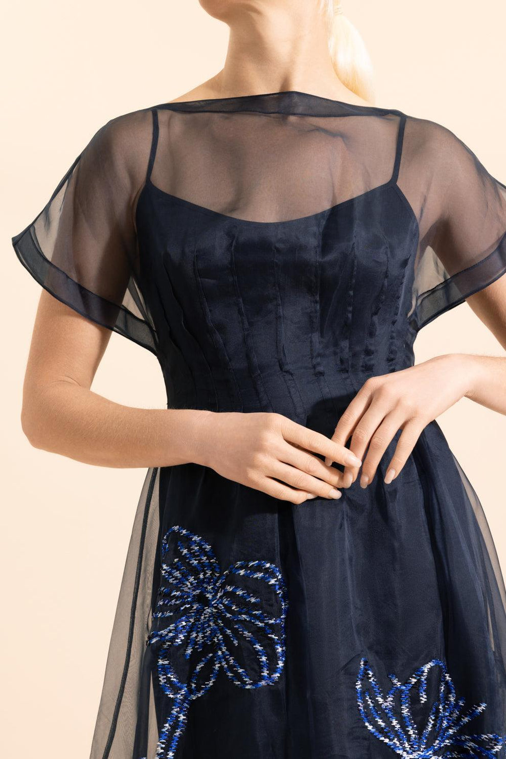 lela rose embroidered dress Floral Embroidery Long Sleeve Tie Waist Dress Wine / 20 / F259412