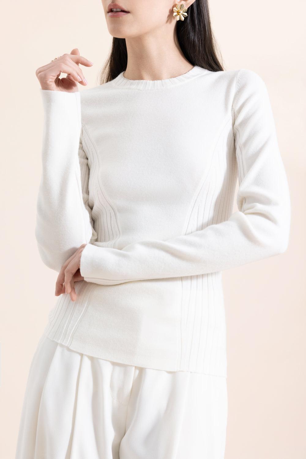 Panelled Rib Crew Neck Top-CREAM-XS-CLOTHINGTOPTANK-VICTORIA BECKHAM