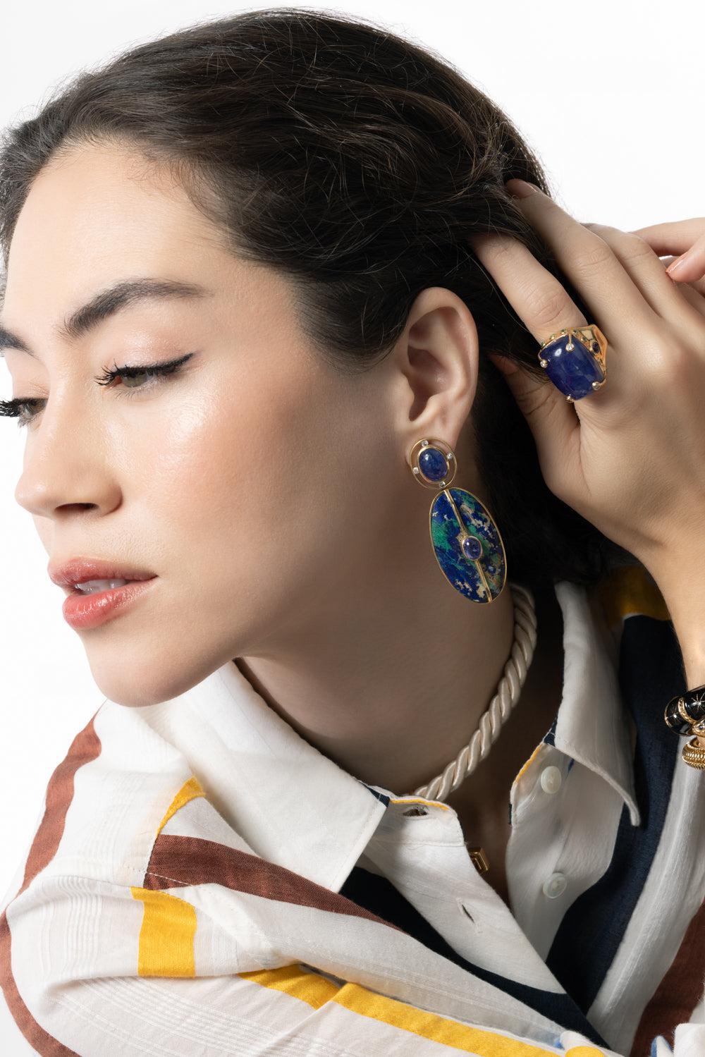 Azurite Malachite Diamond Earrings-YELLOW GOLD-JEWELRYFINE JEWELEARRING-DENISE CASSOU