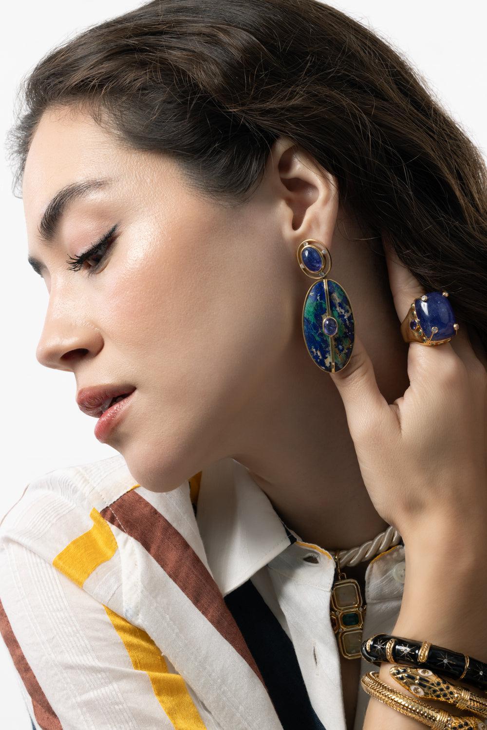 Azurite Malachite Diamond Earrings-YELLOW GOLD-JEWELRYFINE JEWELEARRING-DENISE CASSOU