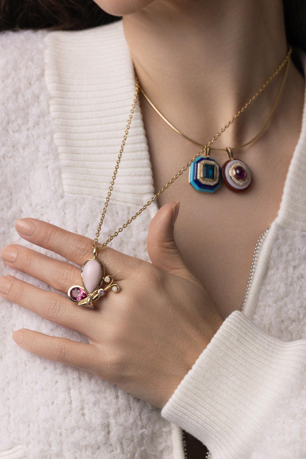 Small Pink Topaz Butterfly Effect Pendant Necklace-YELLOW GOLD-18-JEWELRYFINE JEWELNECKLACE O-MASON & BOOKS