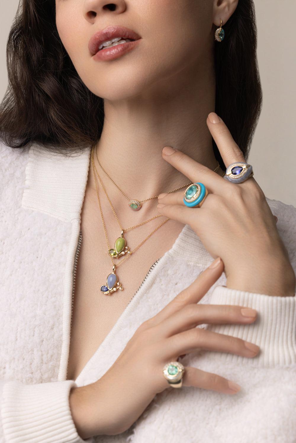 Small Tanzanite Butterfly Effect Pendant Necklace-YELLOW GOLD-18-JEWELRYFINE JEWELNECKLACE O-MASON & BOOKS