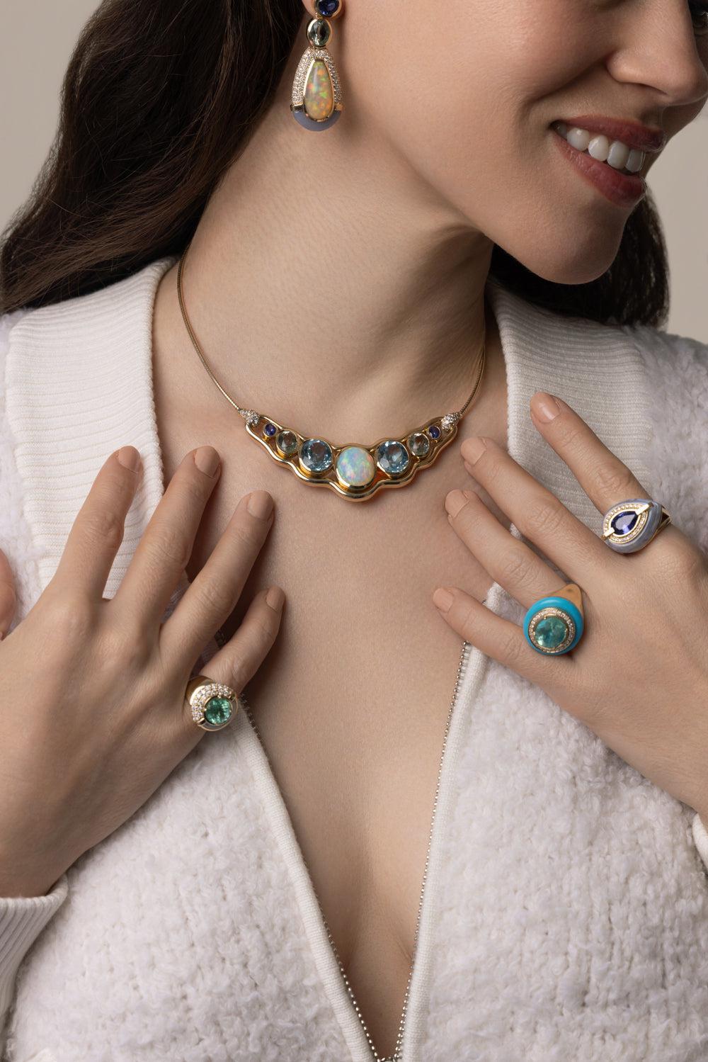 Blue Topaz Slingshot Collar Necklace-YELLOW GOLD-JEWELRYFINE JEWELNECKLACE O-MASON & BOOKS