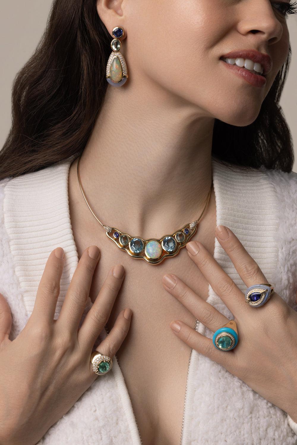 Blue Topaz Slingshot Collar Necklace-YELLOW GOLD-JEWELRYFINE JEWELNECKLACE O-MASON & BOOKS