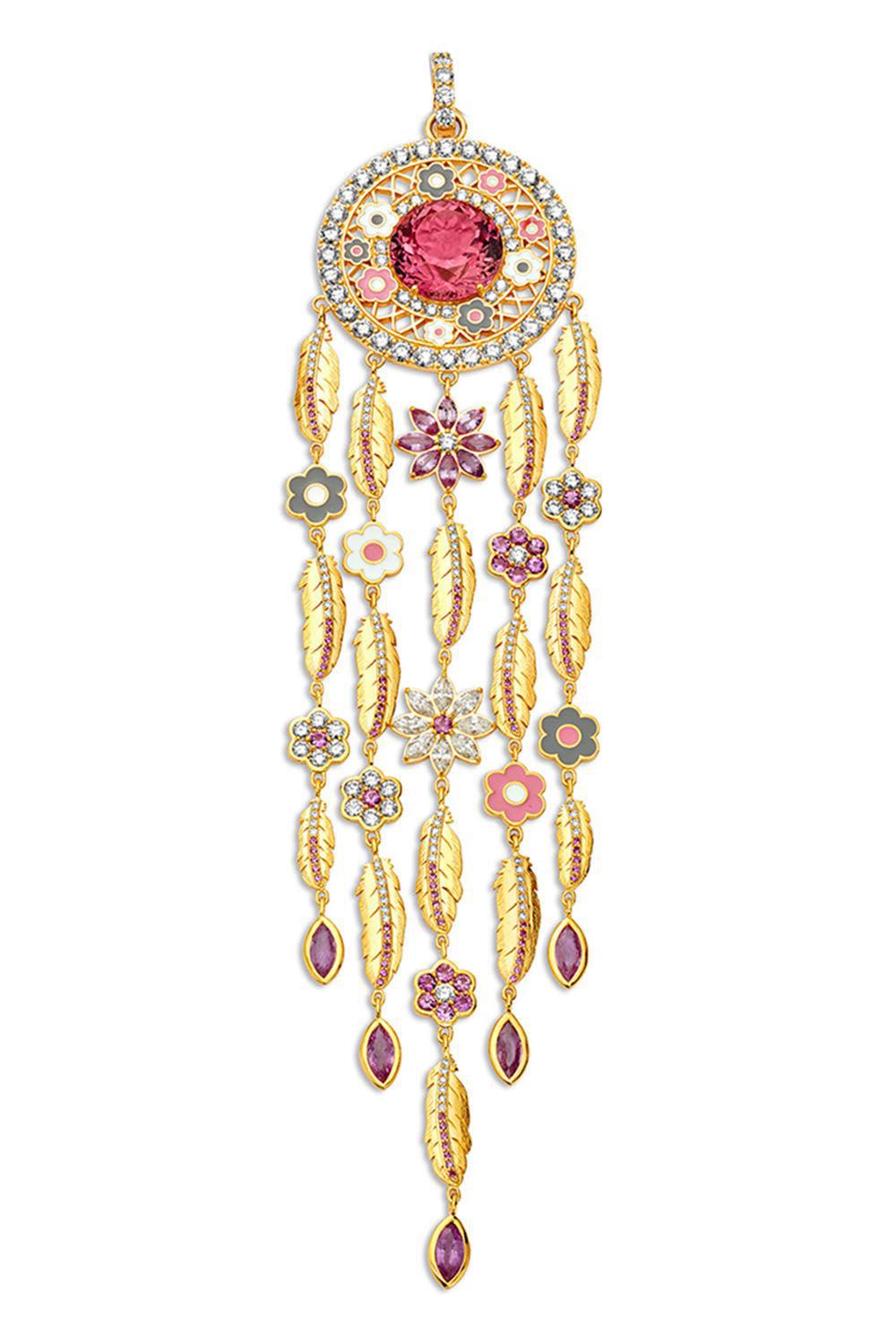 Tourmaline Dream Catcher Pendant-YELLOW GOLD-JEWELRYFINE JEWELPENDANT-BUDDHA MAMA