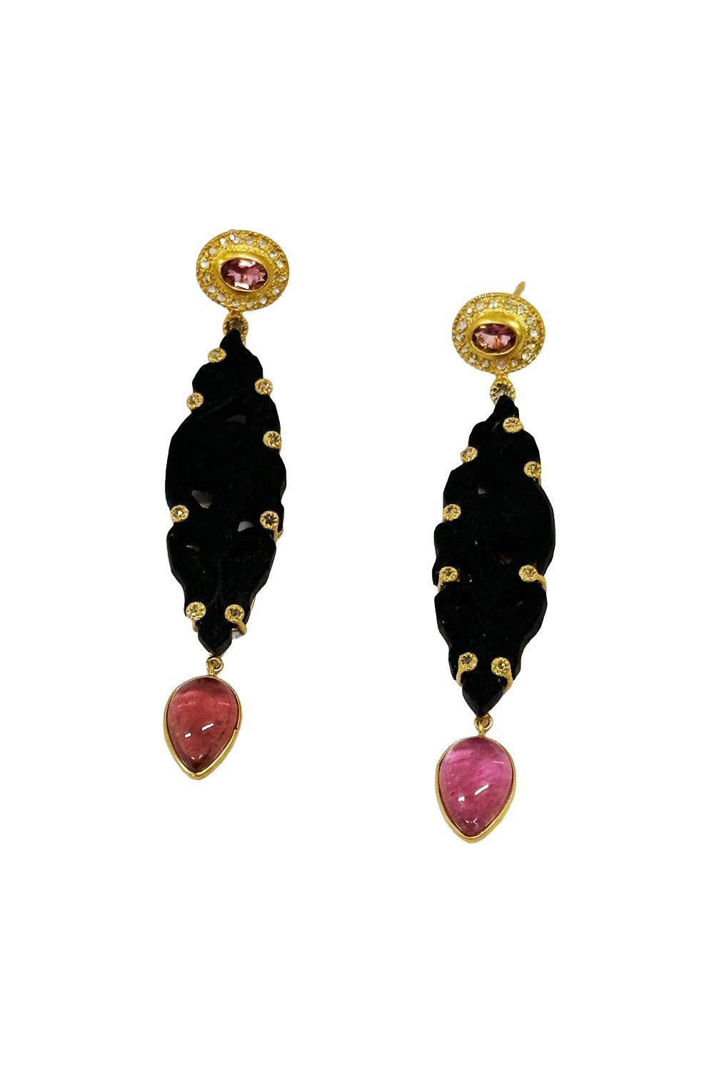 Black Onyx Pink Tourmaline Earrings-YELLOW GOLD-JEWELRYFINE JEWELEARRING-COOMI