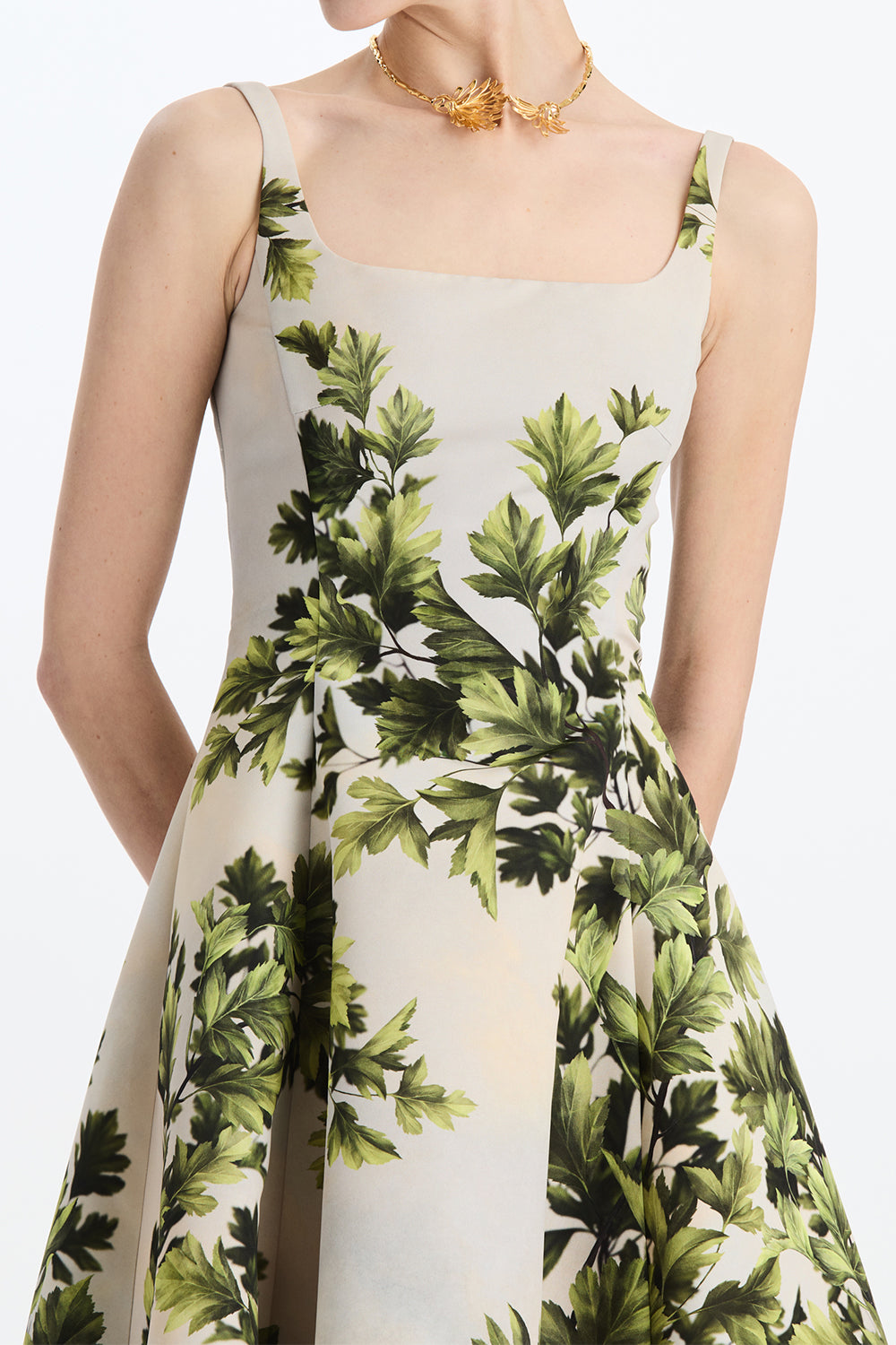 Foliage Sleeveless Flare Midi Dress