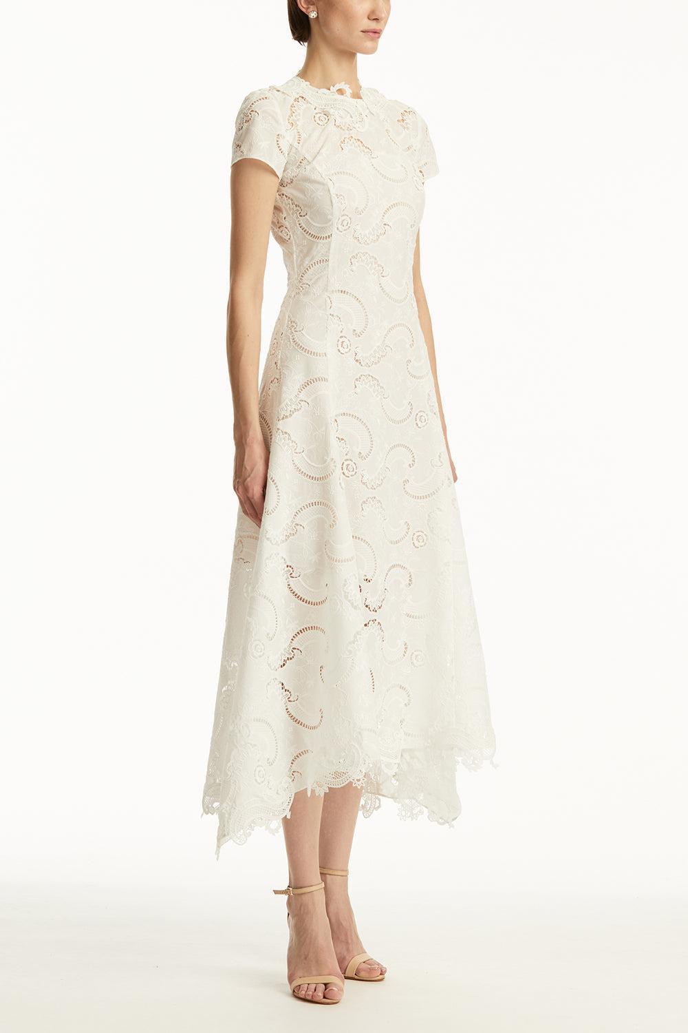 Short Sleeve Scroll Dress-WHITE-6-CLOTHINGDRESSCOCKTAIL-OSCAR DE LA RENTA