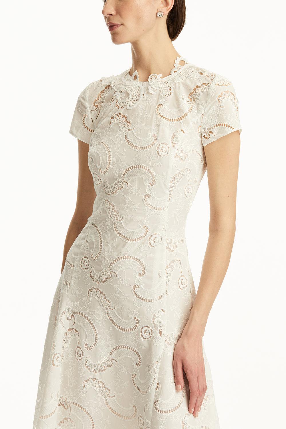Short Sleeve Scroll Dress-WHITE-6-CLOTHINGDRESSCOCKTAIL-OSCAR DE LA RENTA