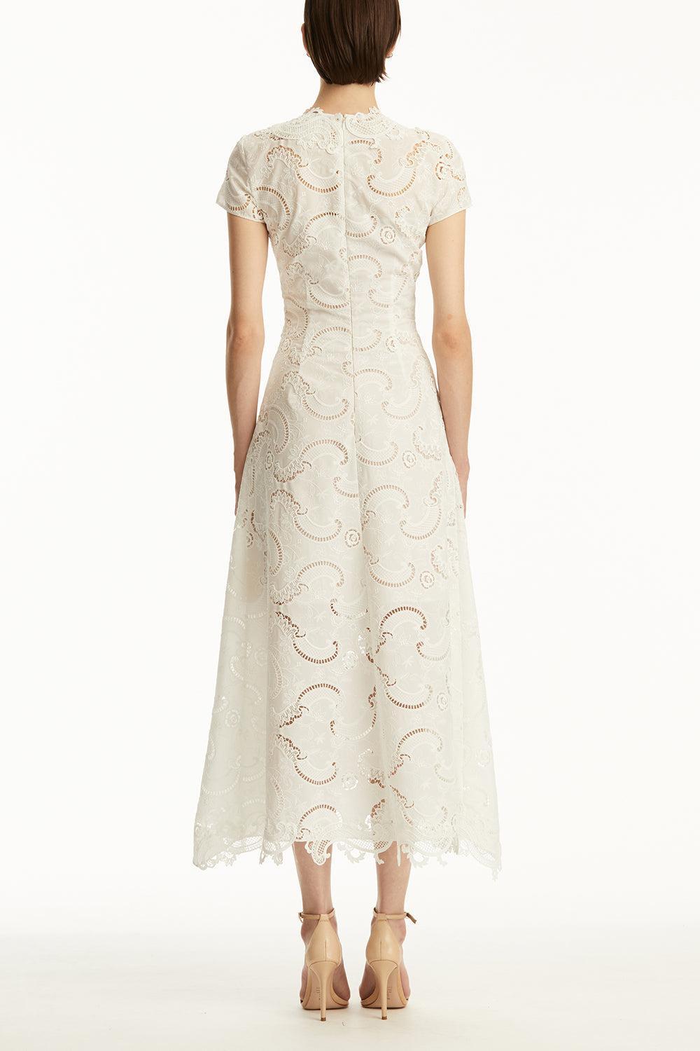 Short Sleeve Scroll Dress-WHITE-6-CLOTHINGDRESSCOCKTAIL-OSCAR DE LA RENTA