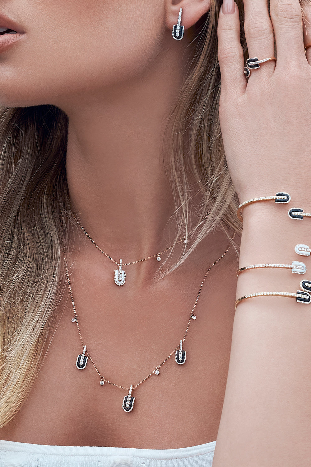 Diamond Onyx U Trio Charm Necklace