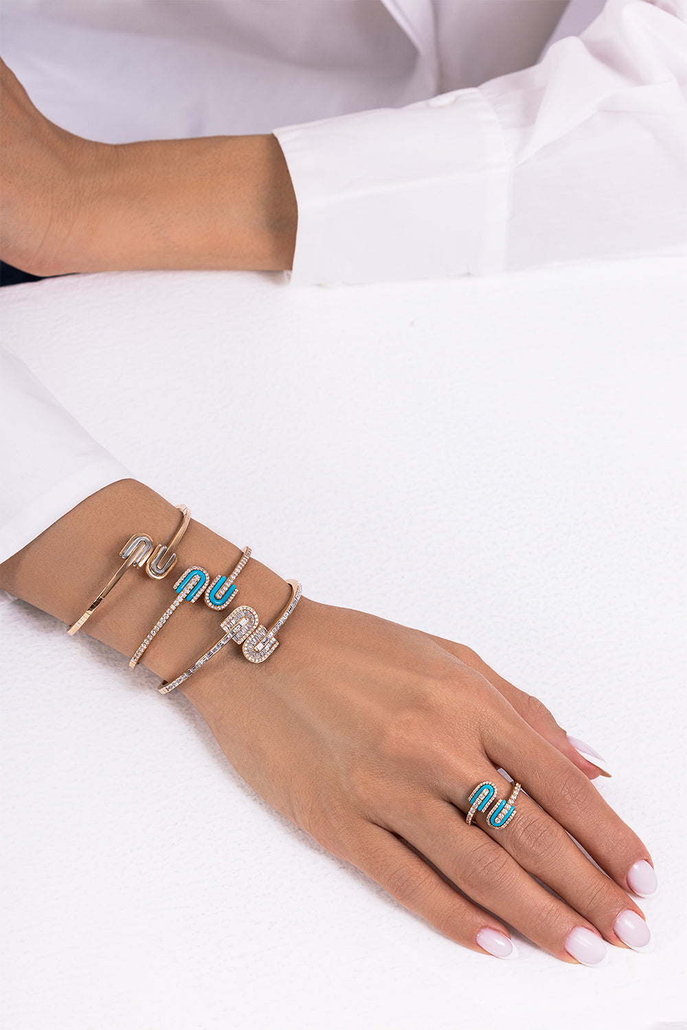 Diamond Turquoise U Duo Mini Bangle Bracelet - Yellow Gold