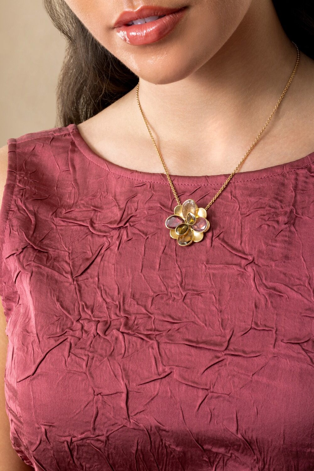 Mixed Tourmaline Flower Petali Pendant Necklace-YELLOW GOLD-16.5-JEWELRYFINE JEWELNECKLACE O-MARCO BICEGO