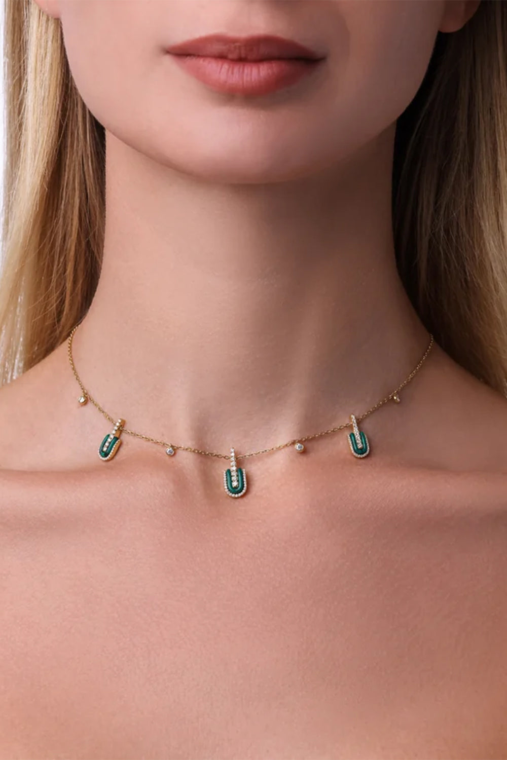 Diamond Malachite U Trio Charm Necklace
