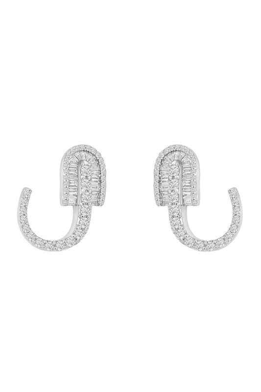 Diamond Baguette U Huggie Hoop Earrings - White Gold