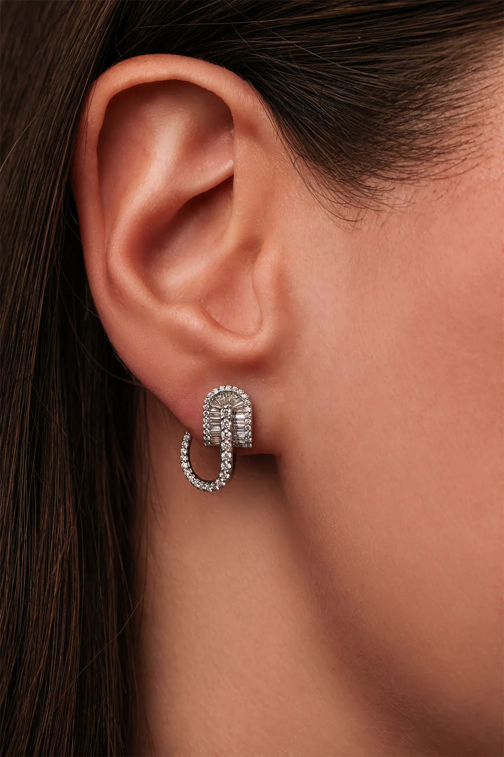 Diamond Baguette U Huggie Hoop Earrings - White Gold