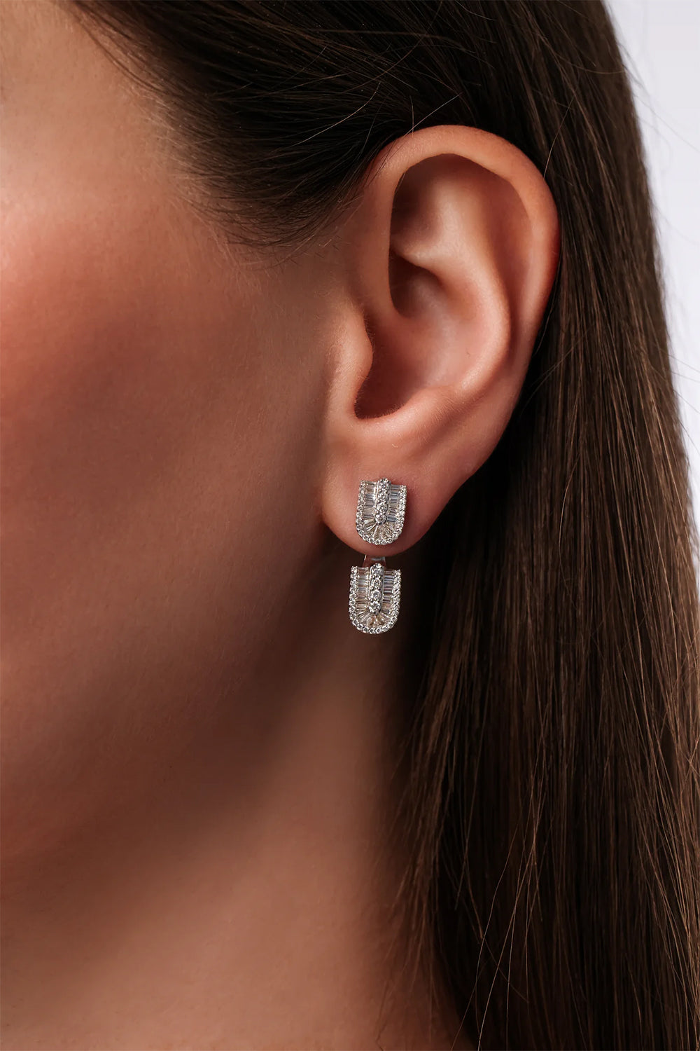 Diamond Baguette U Floating Earrings - White Gold