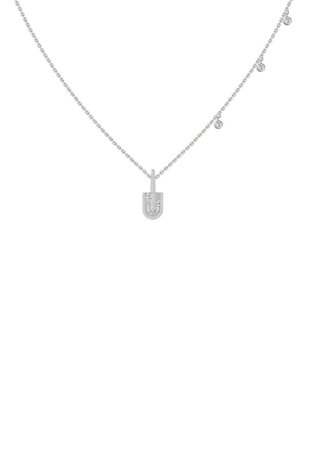 Diamond Baguette U Solo Three Charm Necklace - White Gold