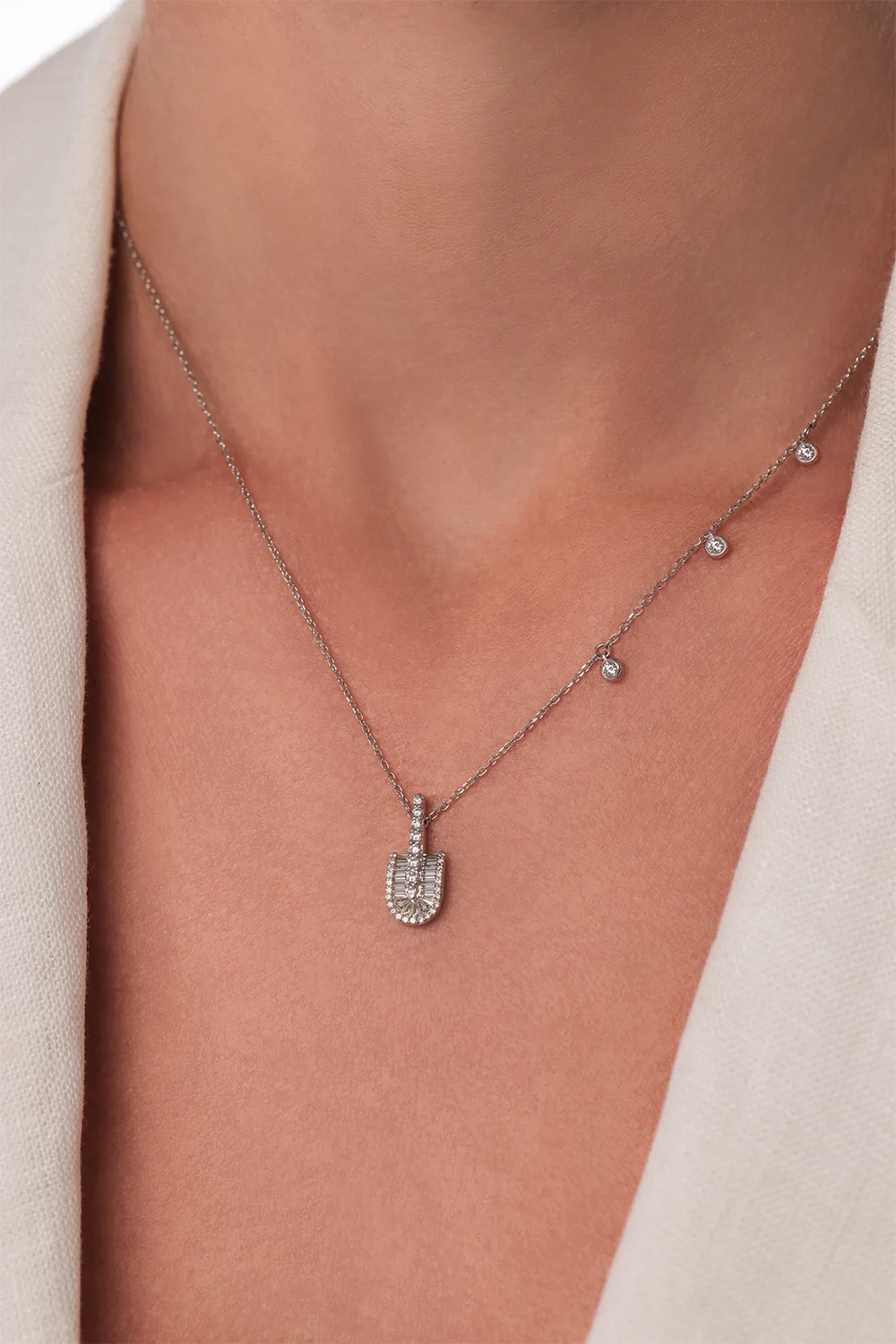 Diamond Baguette U Solo Three Charm Necklace - White Gold