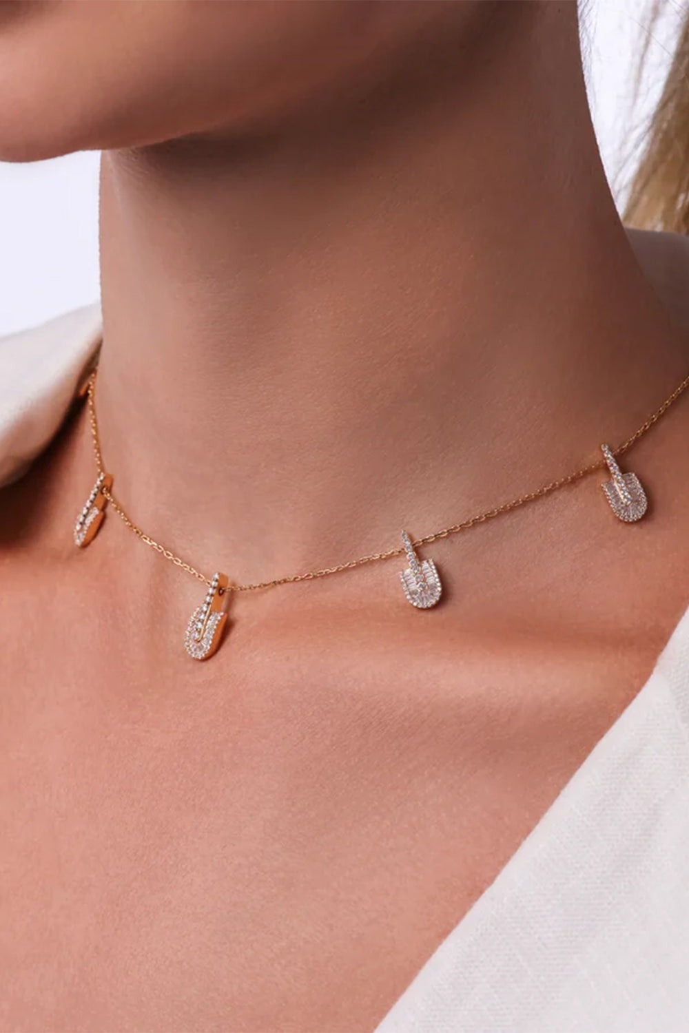 Diamond Baguette Five Stacked U Necklace - Yellow Gold