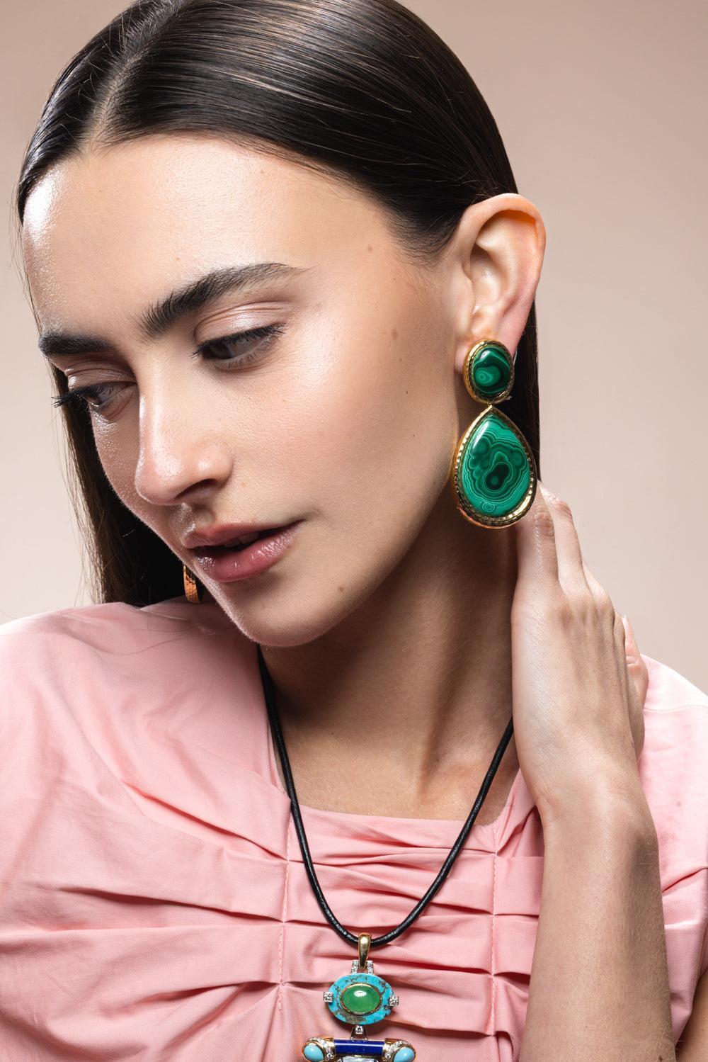 Malachite Mega Drop Earrings-YELLOW GOLD-JEWELRYFINE JEWELEARRING-DAVID WEBB