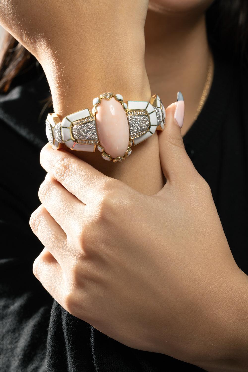 Cabochon Coral Diamond White Lotus Cuff Bracelet-YELLOW GOLD-JEWELRYFINE JEWELBRACELET O-DAVID WEBB