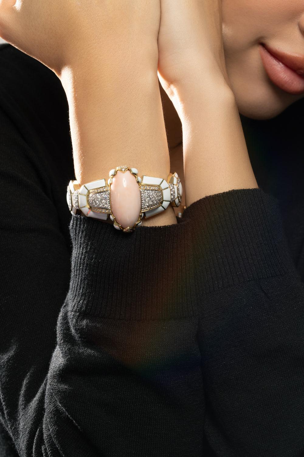 Cabochon Coral Diamond White Lotus Cuff Bracelet-YELLOW GOLD-JEWELRYFINE JEWELBRACELET O-DAVID WEBB