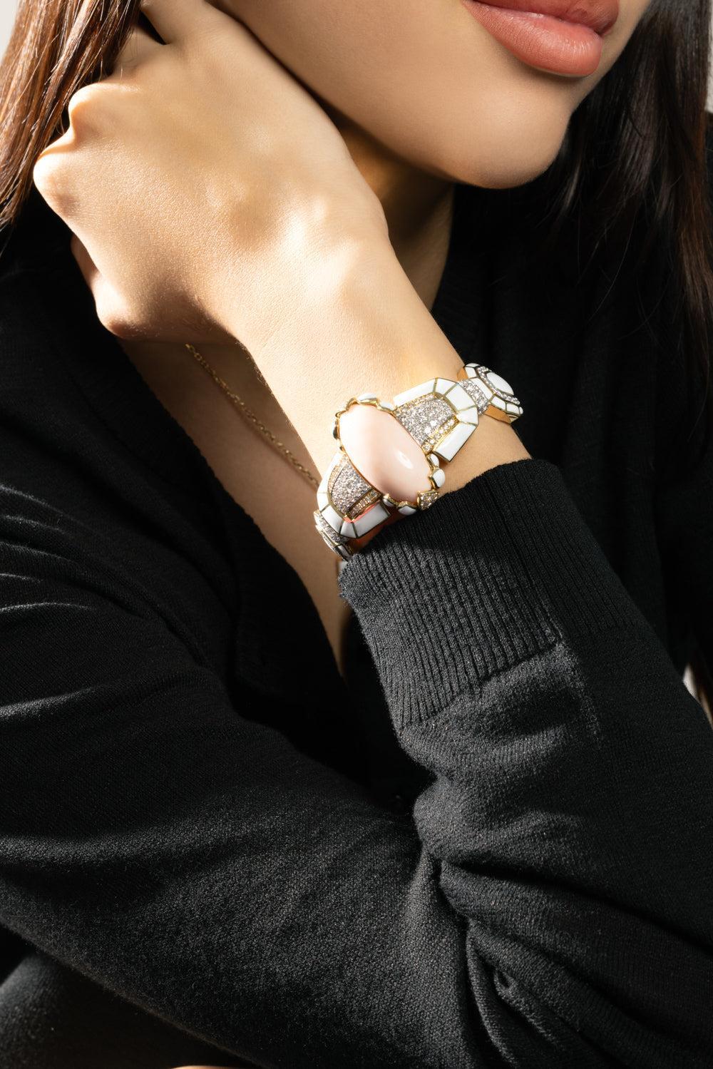 Cabochon Coral Diamond White Lotus Cuff Bracelet-YELLOW GOLD-JEWELRYFINE JEWELBRACELET O-DAVID WEBB