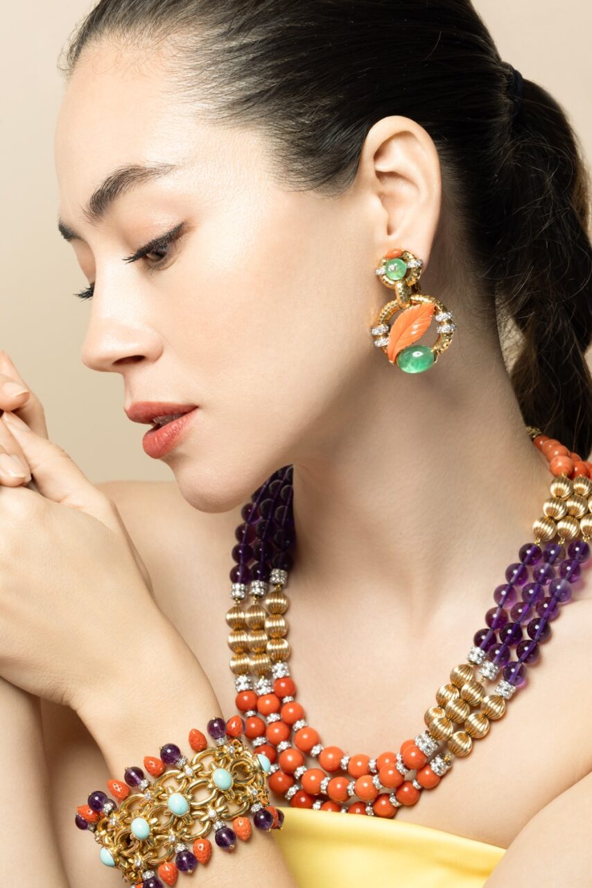 Emerald and Coral Leaf Earrings-YELLOW GOLD-JEWELRYFINE JEWELEARRING-DAVID WEBB