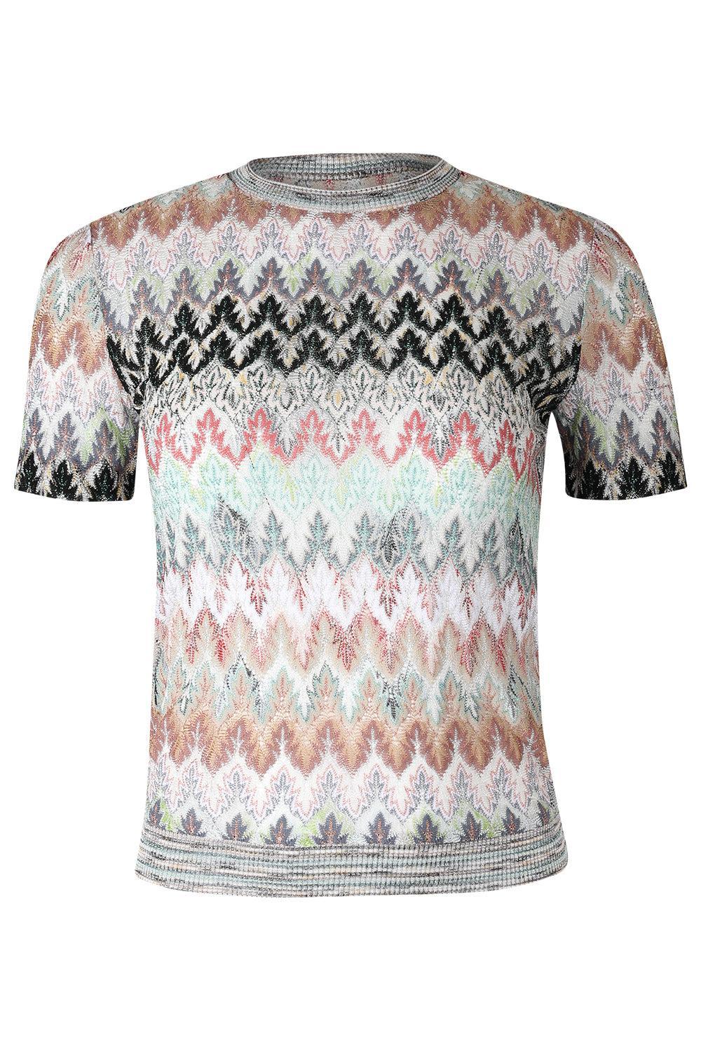 Short Sleeve Crew Neck Top - White Pink Blue-MULTI-38-CLOTHINGTOPKNITS-MISSONI