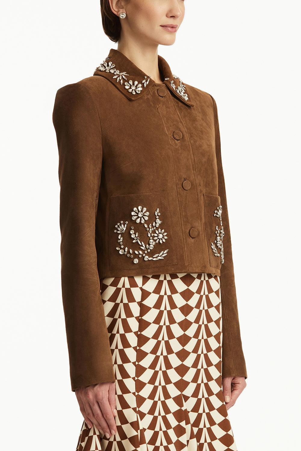 Crystal Embroidered Jacket-DKCOGNAC-4-CLOTHINGJACKETLEATHER-OSCAR DE LA RENTA