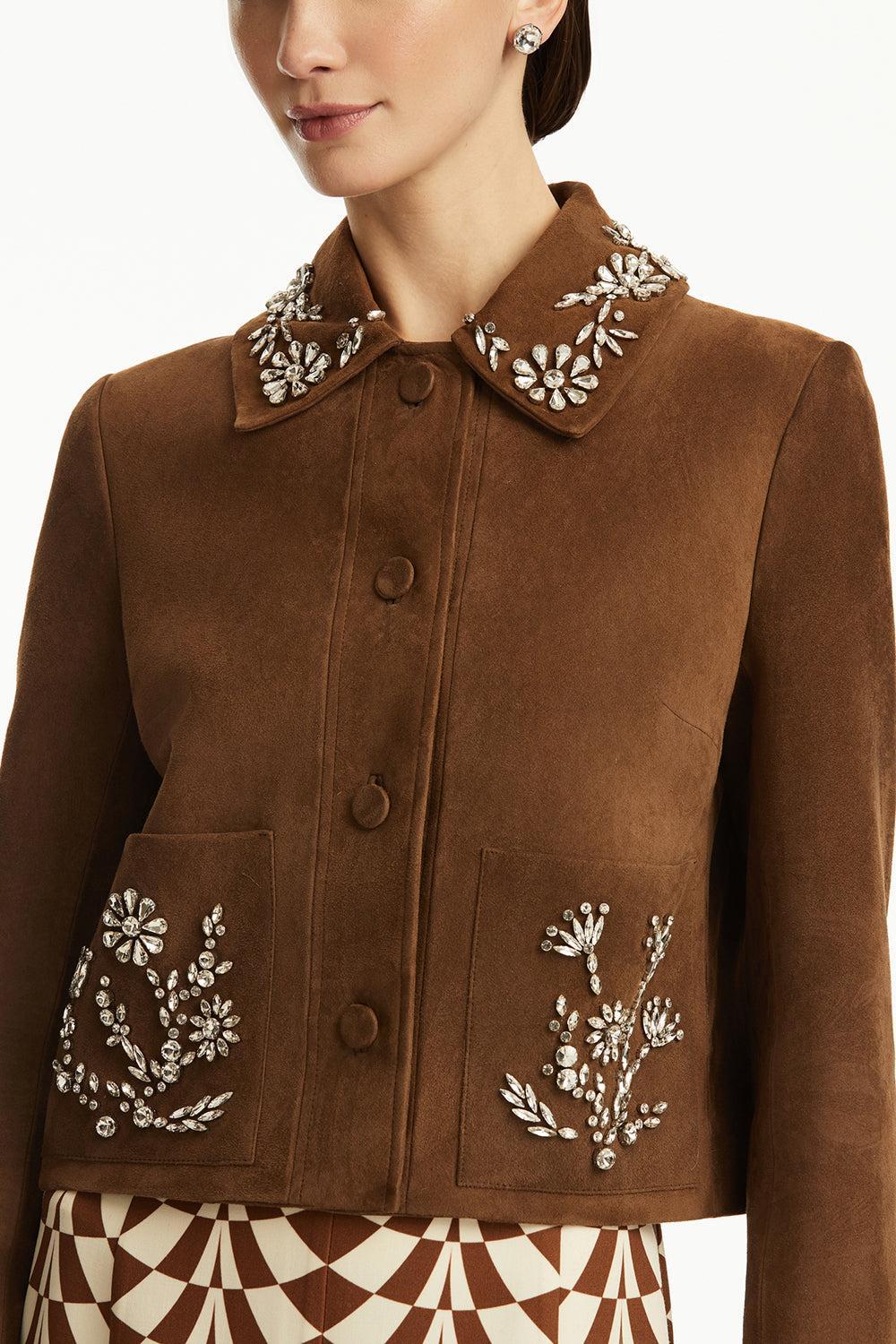 Crystal Embroidered Jacket-DKCOGNAC-4-CLOTHINGJACKETLEATHER-OSCAR DE LA RENTA