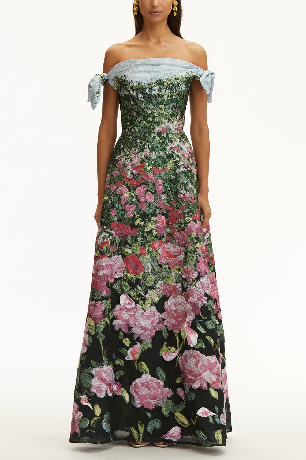 Sleeveless Drape English Rose Gown-PNKMULTI-4-CLOTHINGDRESSGOWN-OSCAR DE LA RENTA