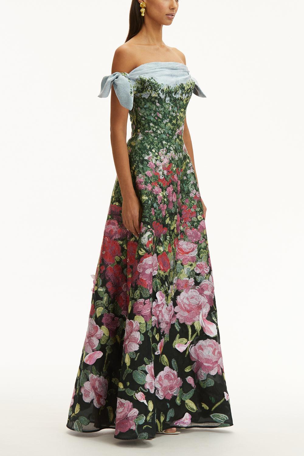 Sleeveless Drape English Rose Gown-PNKMULTI-4-CLOTHINGDRESSGOWN-OSCAR DE LA RENTA