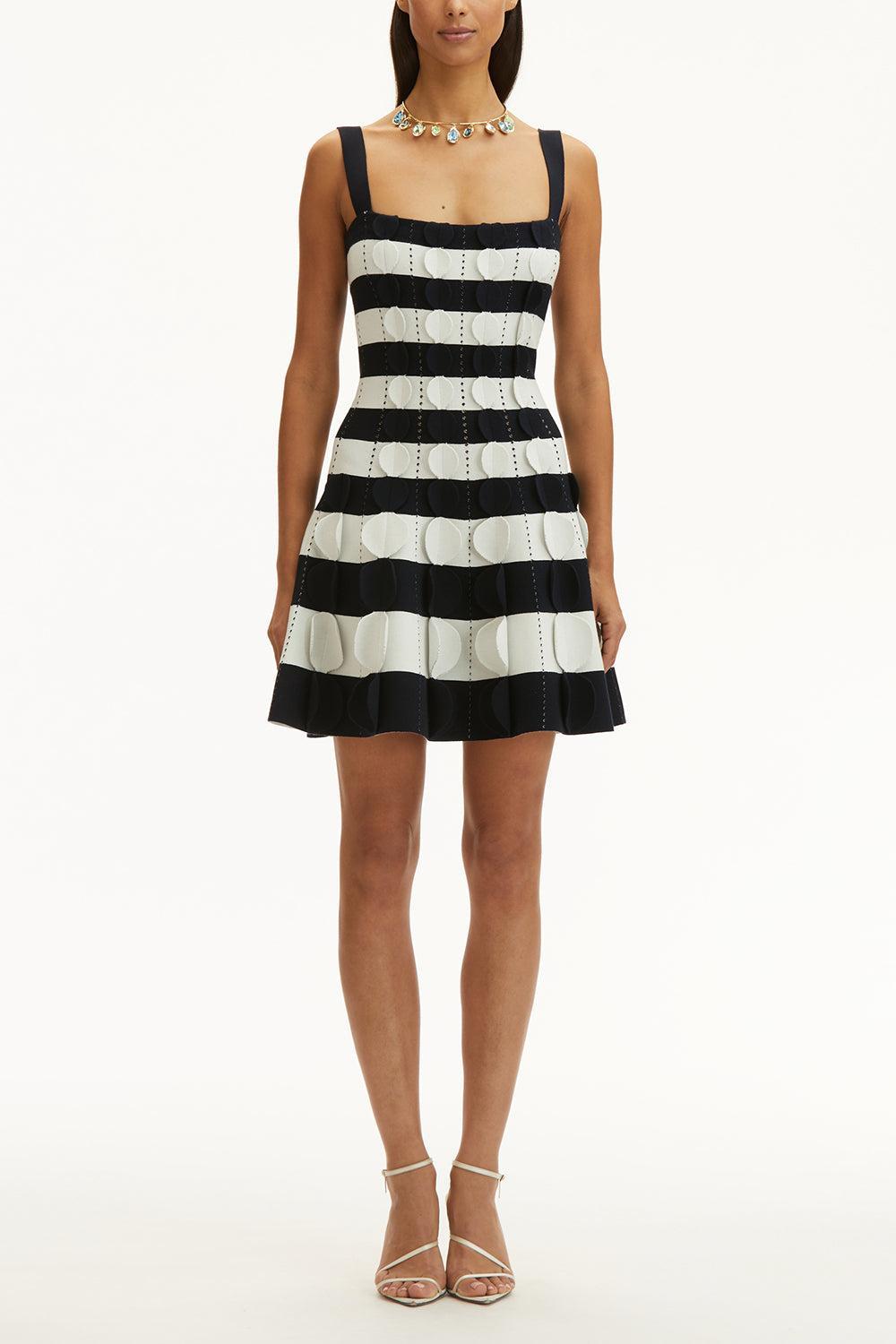 3d Circle Stripe Dress-NVY/IVOR-XS-CLOTHINGDRESSCASUAL-OSCAR DE LA RENTA