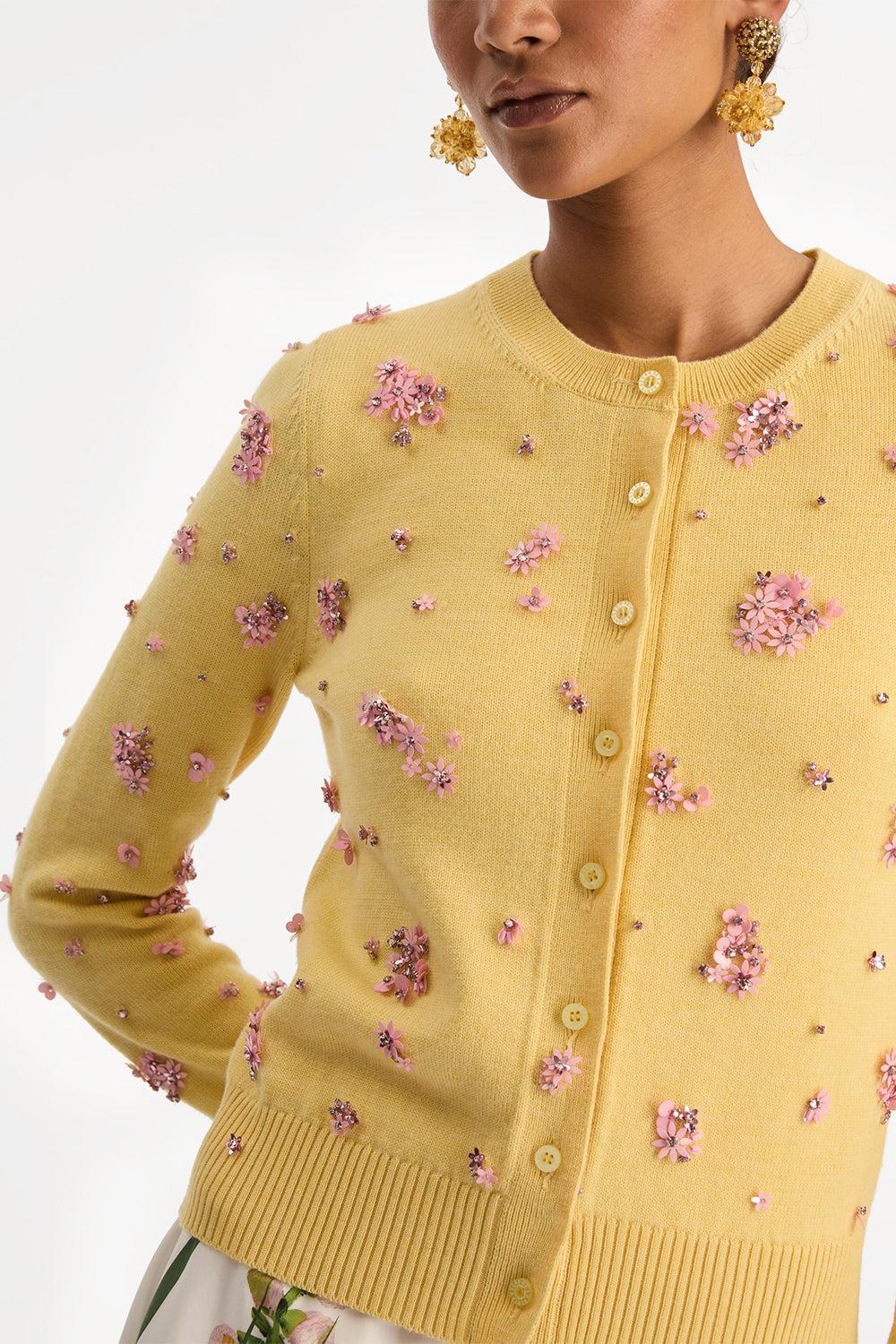 Crystal Cluster Embroidered Cardigan-YELLOW-XS-CLOTHINGTOPCARDIGAN-OSCAR DE LA RENTA