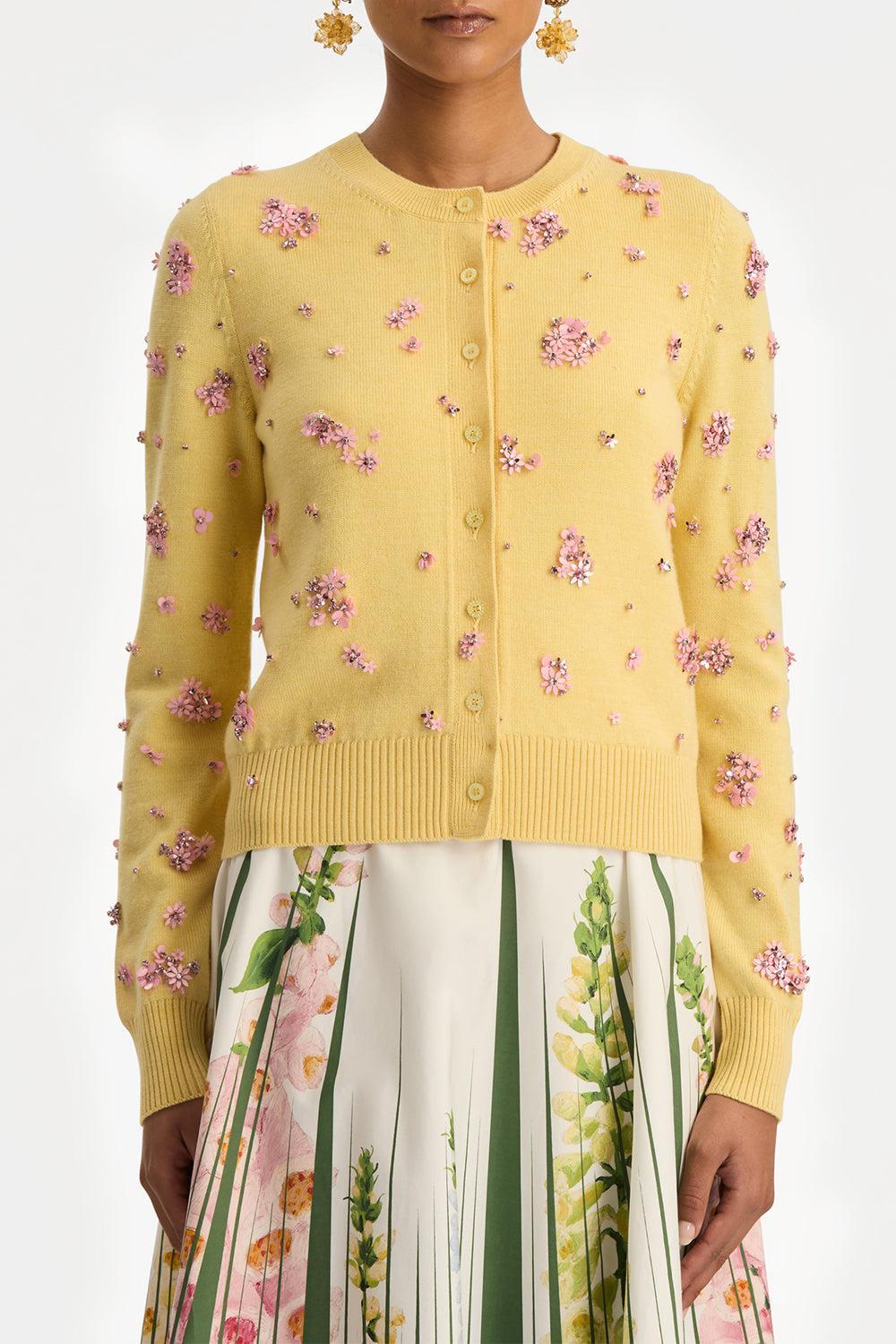 Crystal Cluster Embroidered Cardigan-YELLOW-XS-CLOTHINGTOPCARDIGAN-OSCAR DE LA RENTA