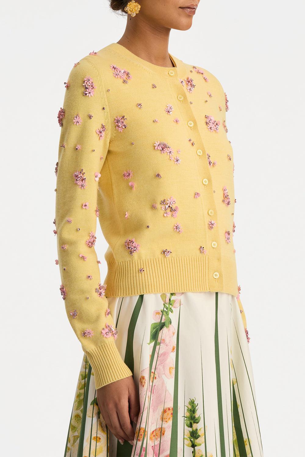 Crystal Cluster Embroidered Cardigan-YELLOW-XS-CLOTHINGTOPCARDIGAN-OSCAR DE LA RENTA