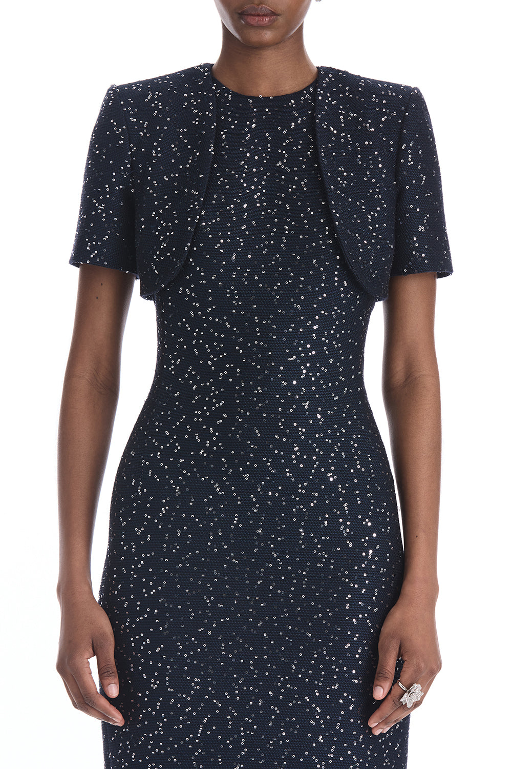  Short Sleeve Sequin Tweed Cape-BLUE-4-CLOTHINGJACKETEVENING-OSCAR DE LA RENTA 
