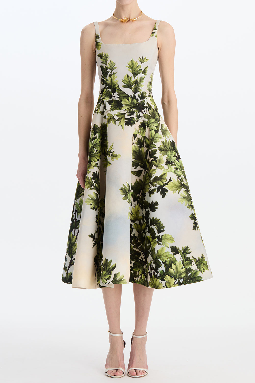 Foliage Sleeveless Flare Midi Dress