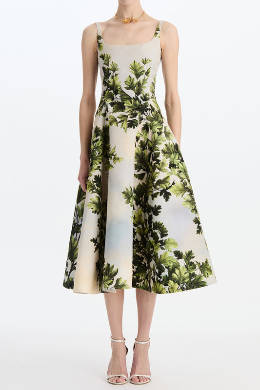 Foliage Sleeveless Flare Midi Dress