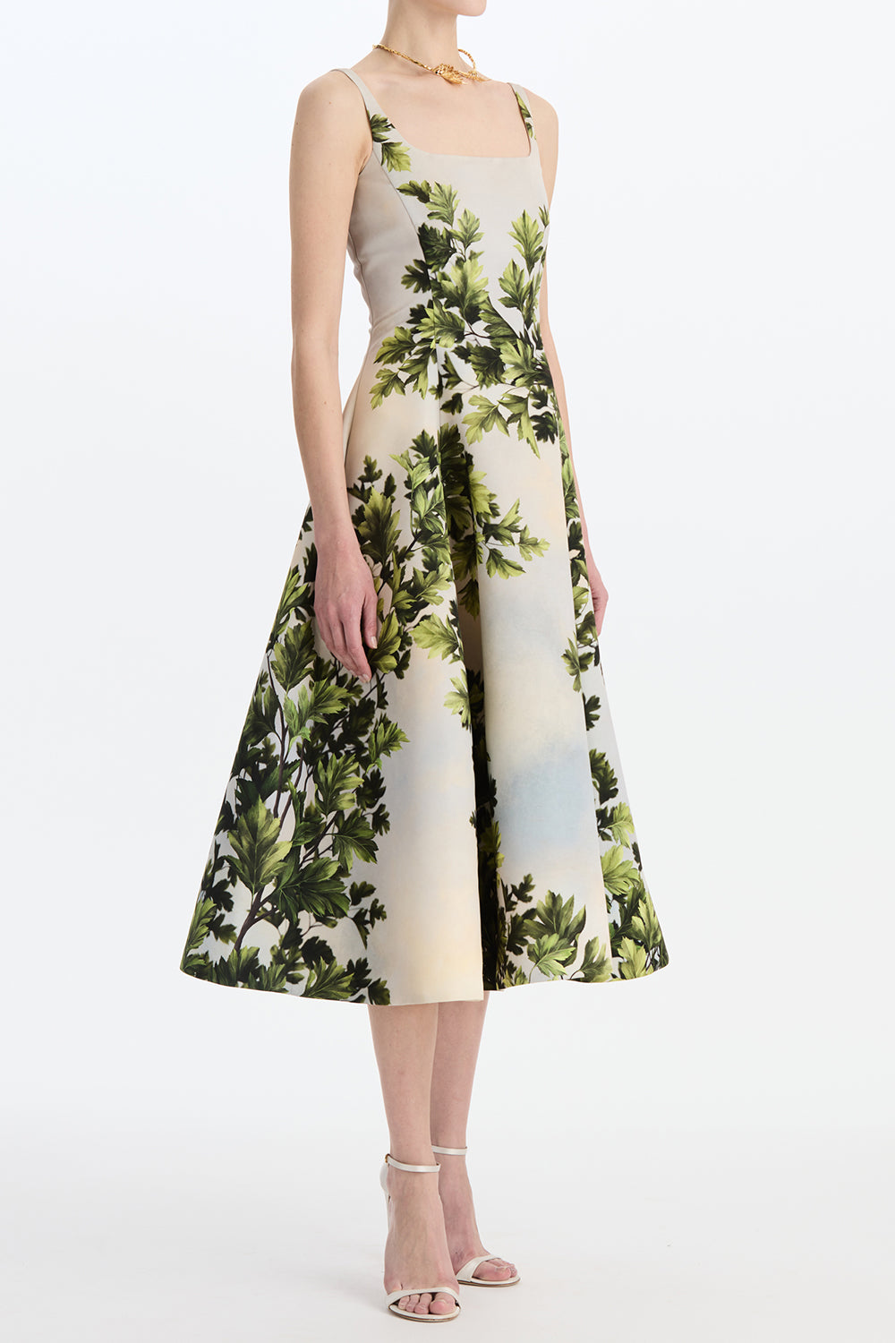 Foliage Sleeveless Flare Midi Dress