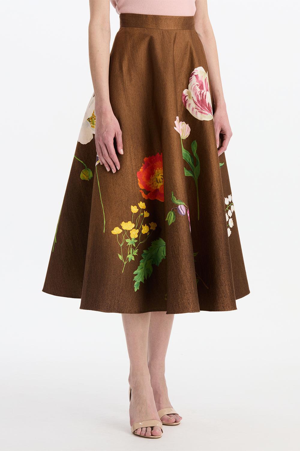 Mixed Botanical Circle Midi Skirt-BROWN-2-CLOTHINGSKIRTMIDI-OSCAR DE LA RENTA