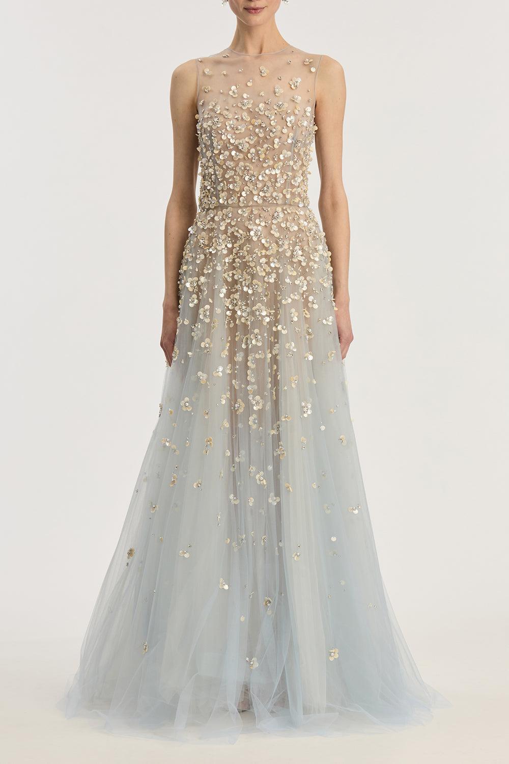 Sleeveless Mother of Pearl Embroidered Gown-SKY-6-CLOTHINGDRESSGOWN-OSCAR DE LA RENTA