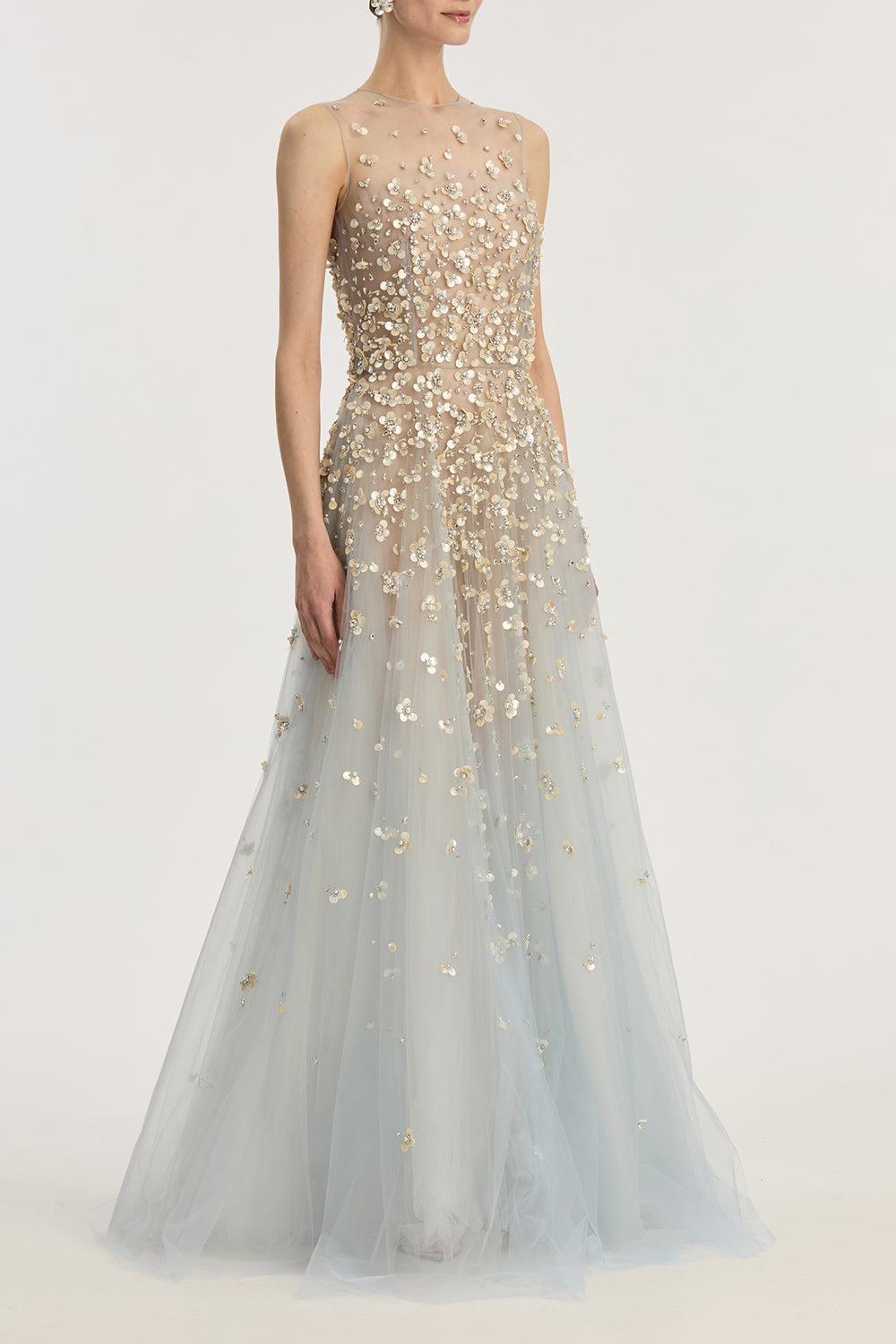 Sleeveless Mother of Pearl Embroidered Gown-SKY-6-CLOTHINGDRESSGOWN-OSCAR DE LA RENTA