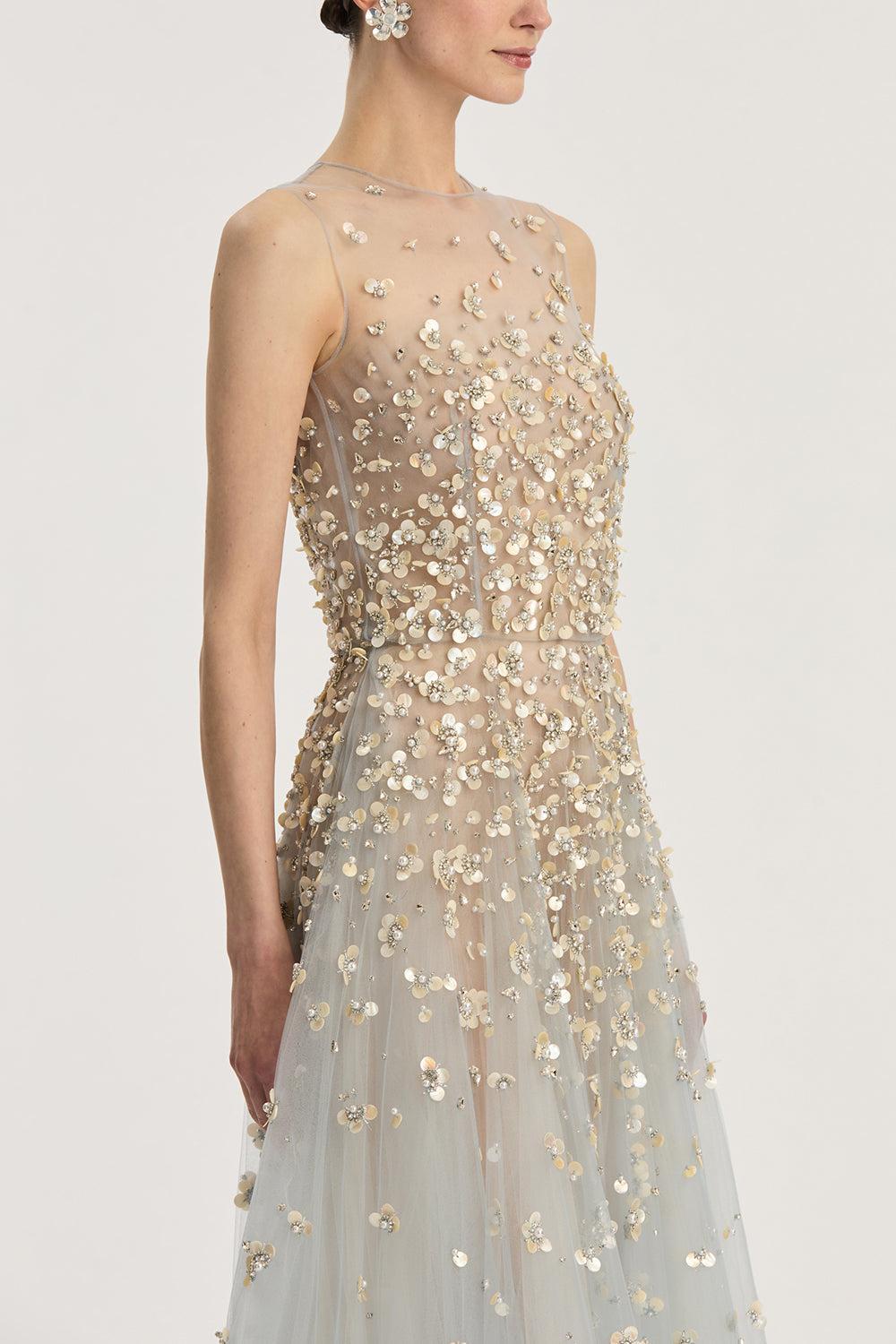 Sleeveless Mother of Pearl Embroidered Gown-SKY-6-CLOTHINGDRESSGOWN-OSCAR DE LA RENTA